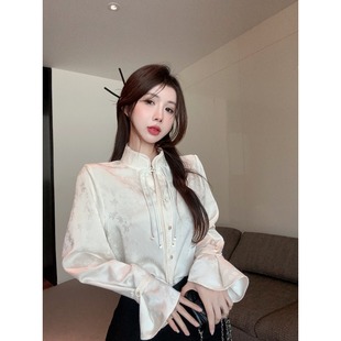 新中式国风盘扣旗袍缎面衬衫女秋冬宫廷马面裙上衣喇叭袖立领衬衣