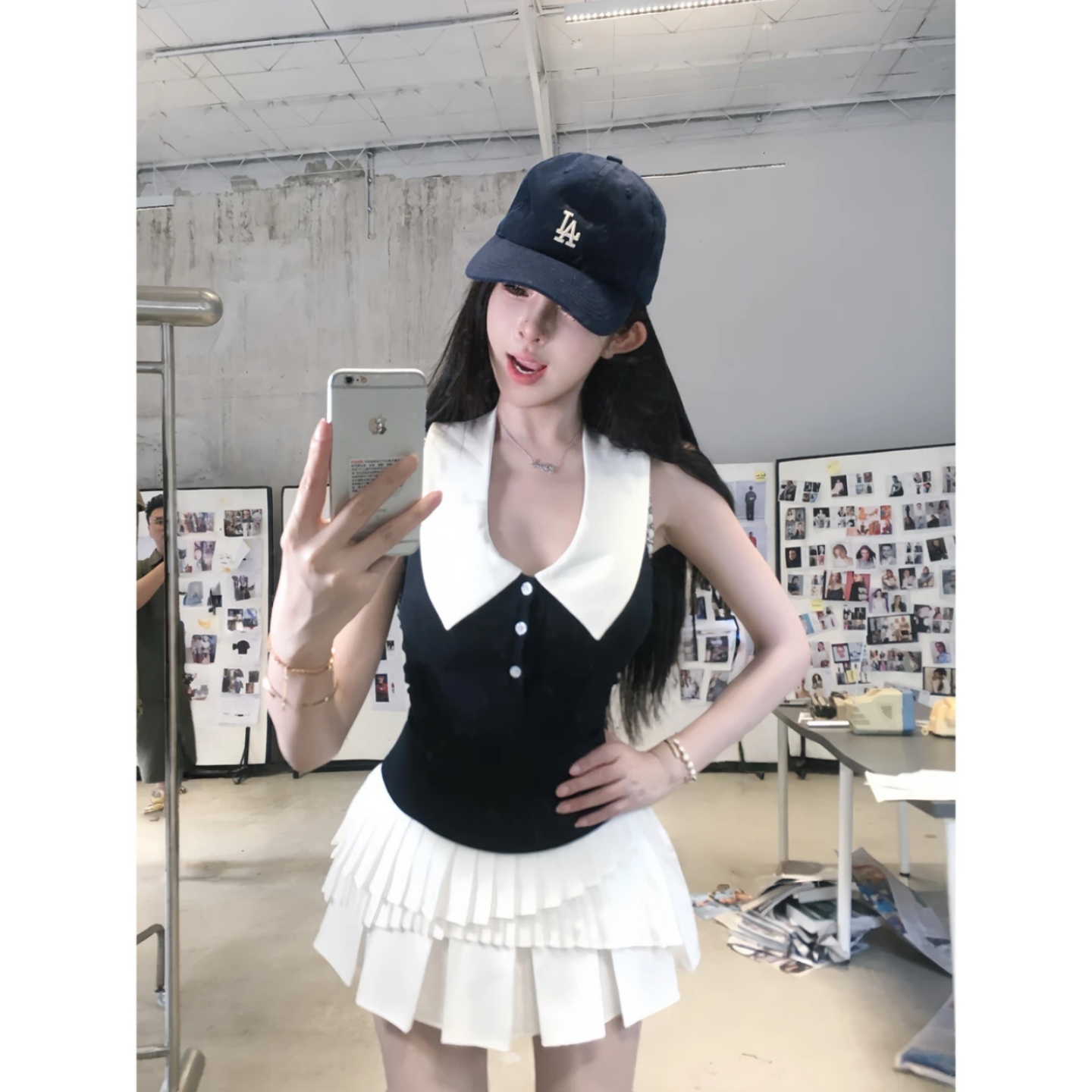 学院风甜美套装夏季修身显瘦撞色拼接无袖上衣+半身短裙两件套女