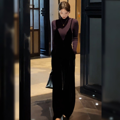 法式御姐风气质丝绒吊带连体裤女装2025秋冬新款时尚通勤名媛套装