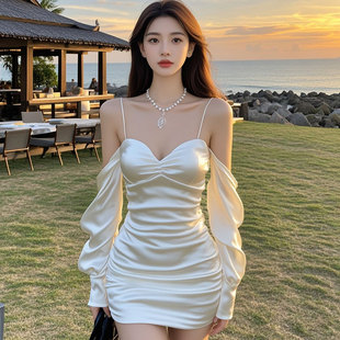 富家千金性感一字肩吊带连衣裙名媛高端宴会气质绝美显身材晚礼服