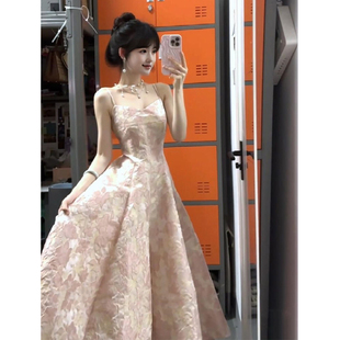 富家千金感法式吊带连衣裙高端精致提花收腰a字公主裙生日礼服裙