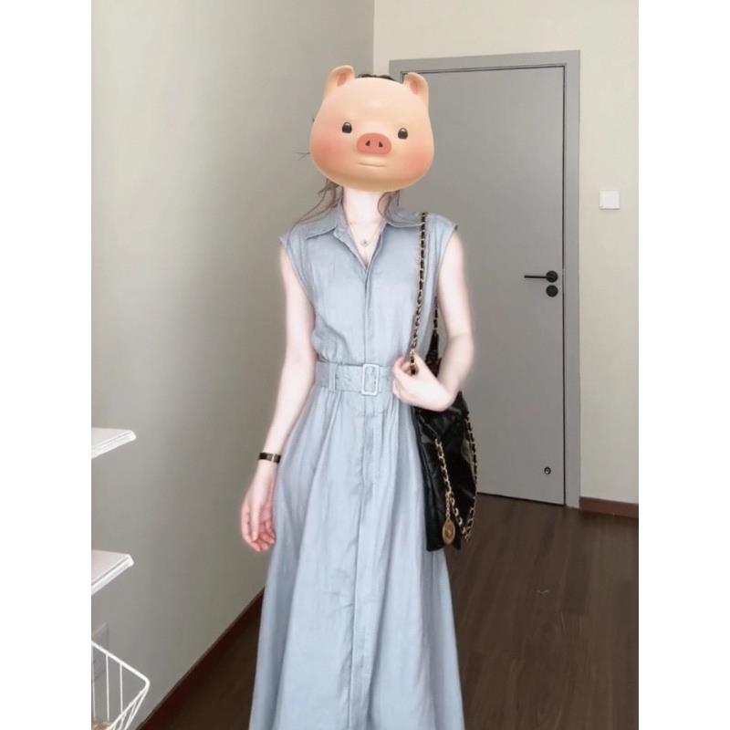 法式气质翻领无袖衬衫连衣裙女夏季新款高级感收腰显瘦a字长裙子