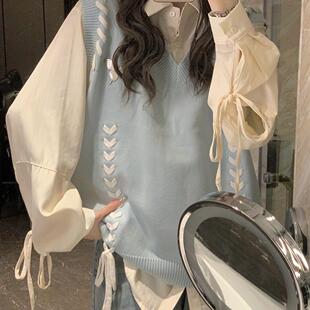 韩系高级感秋季季衬衫叠穿马甲针织穿搭两件套背心毛衣女学生套装