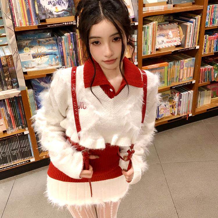 美式学院风套装白色毛衣红色针织内搭上衣女秋冬半身裙辣妹三件套,女装/女士精品,时尚套装,淘宝优惠券,粉丝福利购,淘宝优惠卷