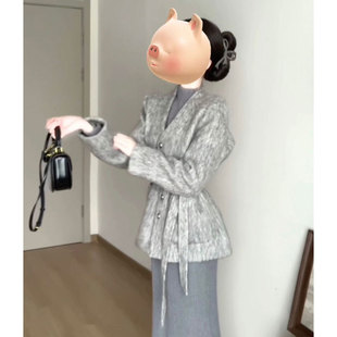 深秋初冬复古高级感时髦洋气名媛气质毛呢外套毛衣连衣裙两件套装