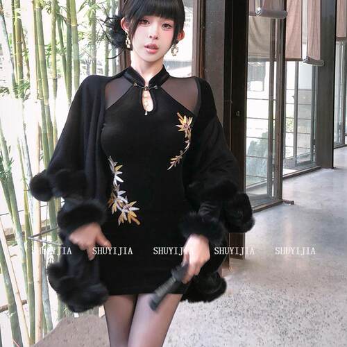 SYJ/舒衣家 微胖mm新中式高级感丝绒旗袍连衣裙女纯欲修身包臀裙