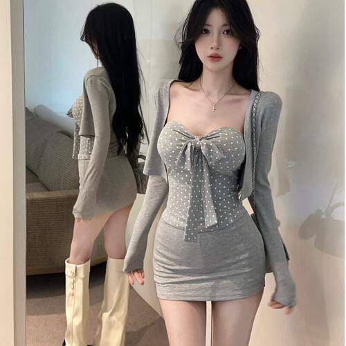 波点挂脖吊带背心女秋冬纯欲辣妹性感抹胸上衣长袖开衫披肩两件套