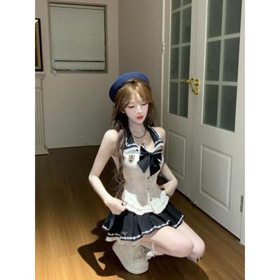 夏季修身显瘦学院风小众设计感无袖衬衫上衣+半身短裙两件套装女