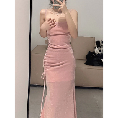 人鱼姬掐腰亮闪闪粉色吊带连衣裙女生日party礼服裙海边度假长裙