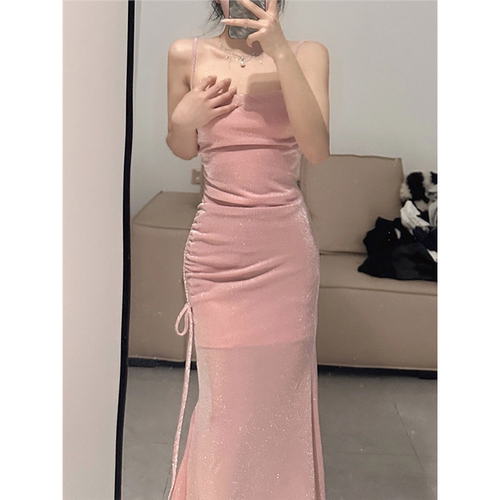 人鱼姬掐腰亮闪闪粉色吊带连衣裙女生日party礼服裙海边度假长裙
