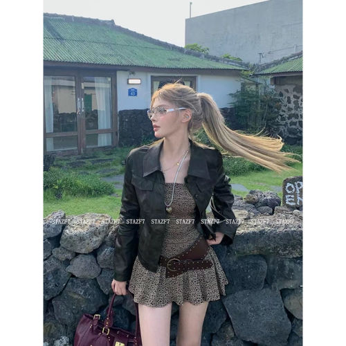 尤美子STAZF7复古翻领短款皮衣夹克女秋性感辣妹豹纹抹胸裙两件套