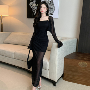 轻熟御姐性感网纱开叉吊带连衣裙女黑色防晒开衫长裙两件套装春秋
