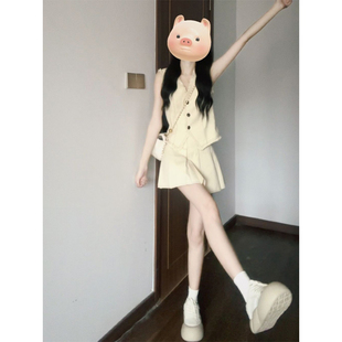無袖 馬甲上衣百褶半身裙子兩件套氣質(zhì)穿搭一整套 夏季 可鹽可甜套裝