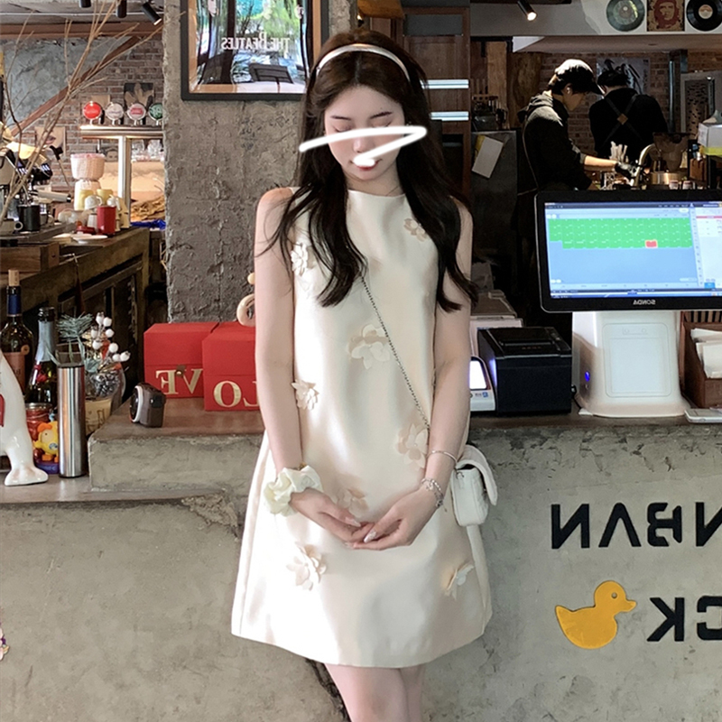 FFmiss◆设计感钉珠立体花朵宽松腰连衣裙法式缎面镶钻无袖娃娃裙