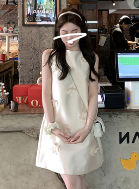 FFmiss◆设计感钉珠立体花朵宽松腰连衣裙法式缎面镶钻无袖娃娃裙