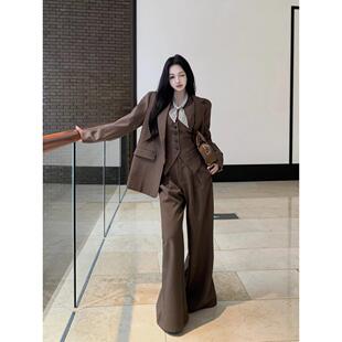 老钱风时尚套装气质长袖西装外套马甲背心女秋季休闲阔腿裤三件套