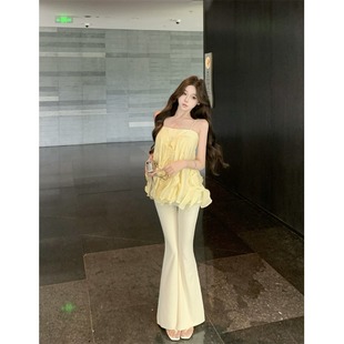 鹅黄色短款吊带小背心女夏季荷叶边修身无袖外穿辣妹显瘦内搭上衣