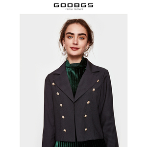 谷邦春季新款藏青条纹外套时尚潮流西装领双排金属扣西装