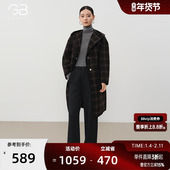 宽松中长款 谷邦绵羊毛连帽格纹毛呢外套女2025冬季 新款 高级感大衣