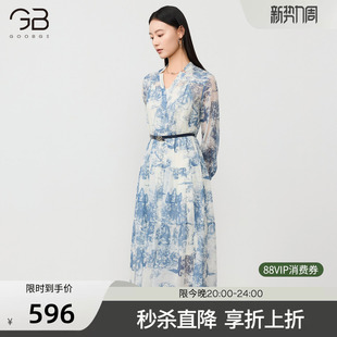 V领收腰显瘦中长款 新款 优雅裙子 印花连衣裙女2026春季 谷邦法式