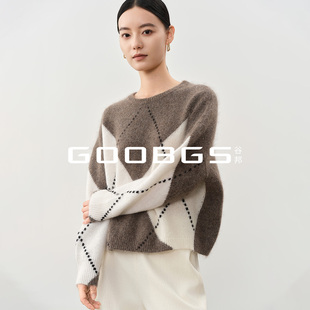 谷邦菱形格撞色毛针织衫女2025冬季新款气质宽松显瘦马海毛上衣