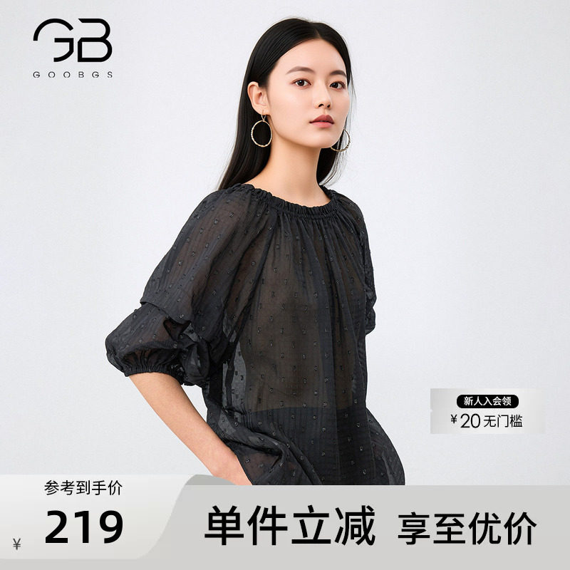 谷邦休闲风黑色短袖雪纺衫女图片