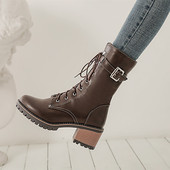 圆头大码 冬新款 显瘦粗跟系带帅气马丁靴时尚 女靴子复古百搭中筒靴