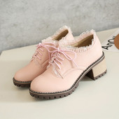 2025春新款 布洛克单鞋 蕾丝边粗跟女鞋 子甜美学生系带圆头中跟大码