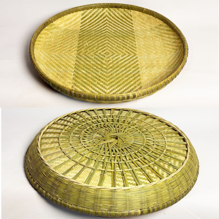 湘西手工竹编圆形托盘编织纹理晾晒簸箕无孔装饰摆件家居