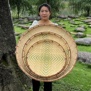饰竹编晾晒盘盖帘加固 湘西手工竹编圆簸箕竹筛子竹匾家用无孔装