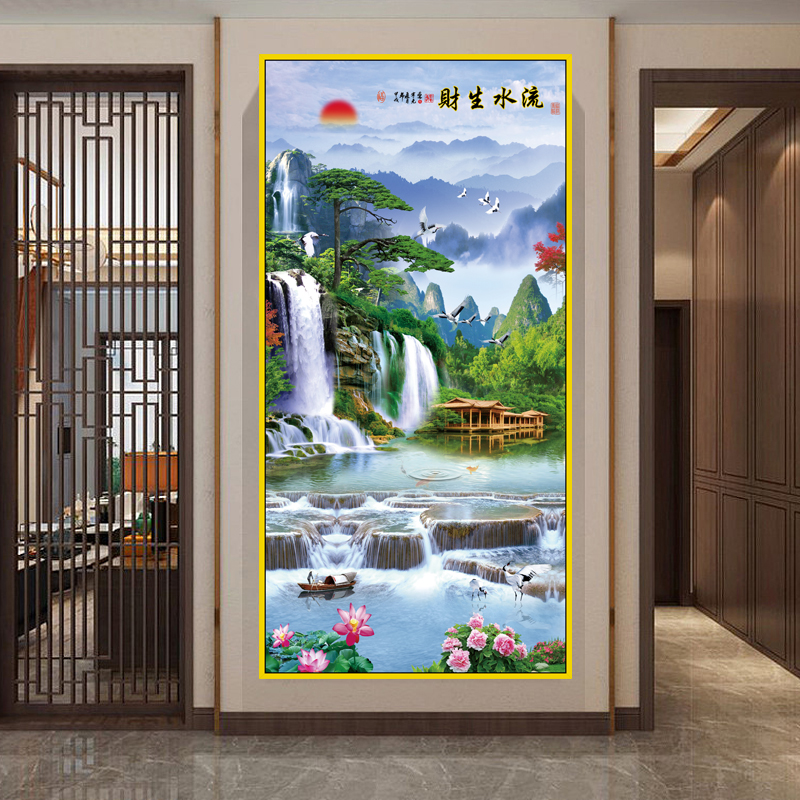 玄关3d立体自粘山水画流水生财年画风景画客户入户背景墙面装饰画图片