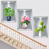 3d立体植物花卉客厅三联盆栽装 饰画过道楼梯餐厅墙面遮丑自粘贴画