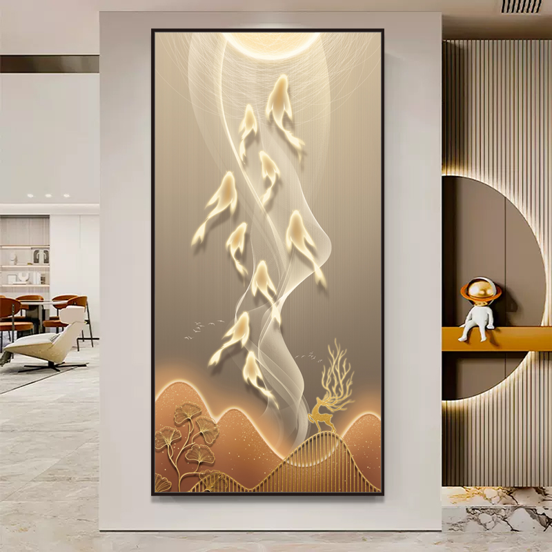 九鱼玄关门装饰画贴纸自粘3d立体壁画墙贴画入户过道客厅山水墙贴图片
