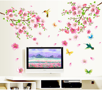 墙贴纸可移除客厅浪漫桃花贴画沙发电视卧室床头贴画花卉背景装饰