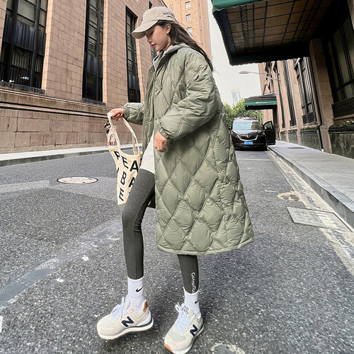 菱形格棉服女中长款过膝秋冬