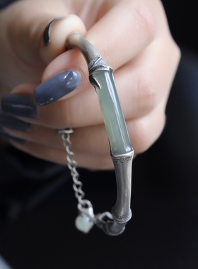 竹林深处 手工复古气质手镯925纯银溪上天然和田玉竹节手环礼物女