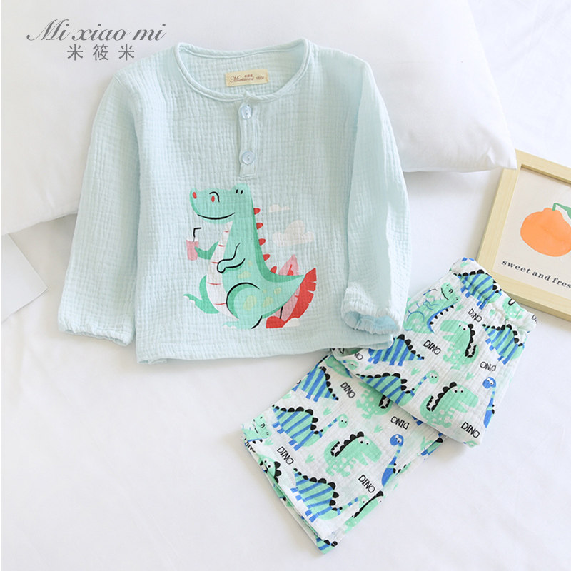 米筱米春夏薄款男童可爱恐龙纯棉纱布长袖睡衣套宝宝家居服空调服,童装/婴儿装/亲子装,家居服套装,淘宝优惠券,粉丝福利购,淘宝优惠卷