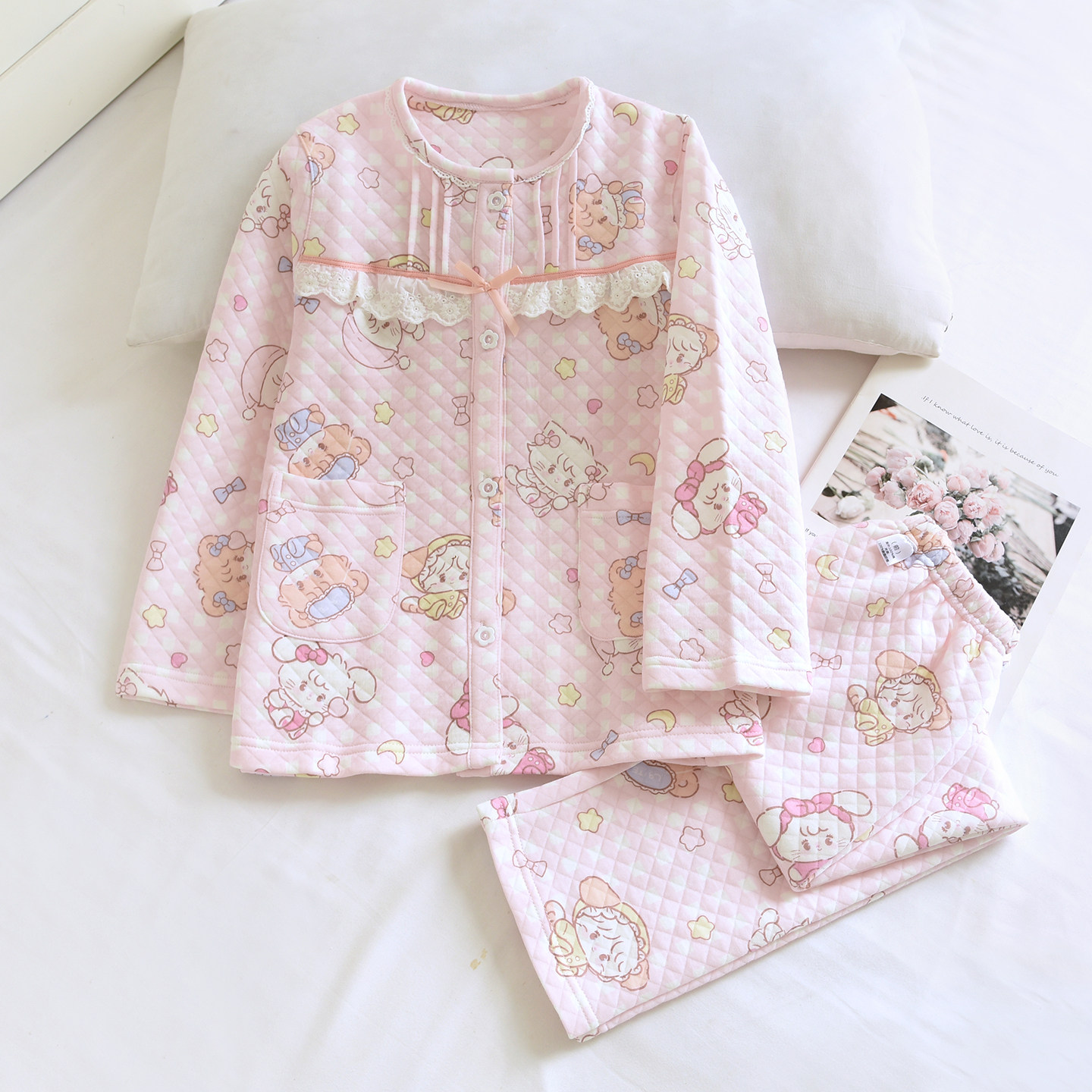 米筱米儿童秋冬纯棉空气层睡衣套女童全棉可爱格子猫咪亲子家居服