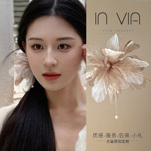 女士古风花朵头饰冷清感绢花枯叶蝶新中式发簪头花发饰中国风盘发