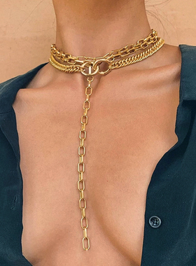 choker项链男款甜酷辣妹风女锁骨嘻哈多层颈链欧美金属链条潮流