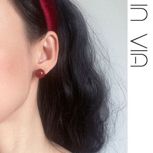新年喜庆耳钉安可拉红色过年耳环女高级感女925银针显白圆球耳饰
