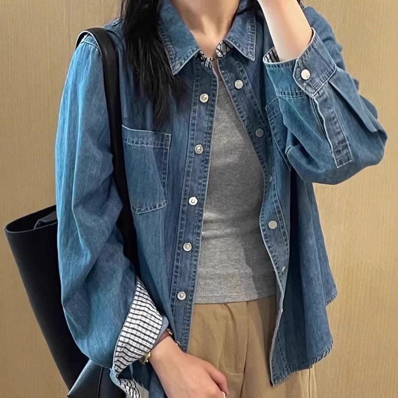 韩版复古长袖牛仔衬衫女宽松慵懒简约百搭水洗外套秋季新款潮学院