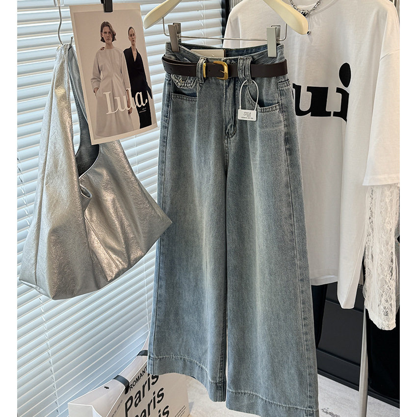 怀旧浅蓝九分牛仔裤女宽松直筒裤显瘦窄版阔腿裤小个子九分裤子潮