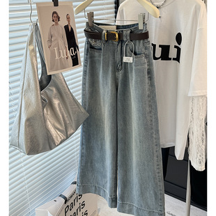 怀旧浅蓝九分牛仔裤女宽松直筒裤显瘦窄版阔腿裤小个子九分裤子潮