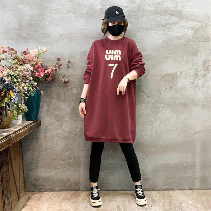 特大码300斤过膝圆领卫衣女春秋中长款韩版宽松显瘦打底长袖上衣