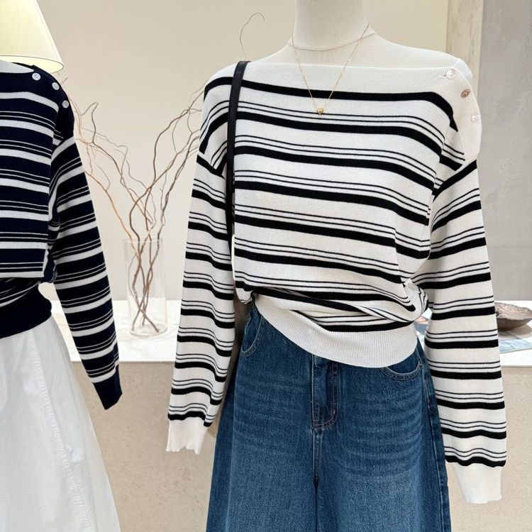 韩系条纹斜肩打底衫新款针织衫