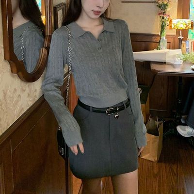 韩系复古风polo领高级感麻花针织衫女秋冬修身显瘦短款上衣打底衫