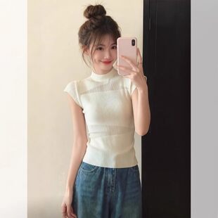 修身 韩系白色圆领镂空薄款 短袖 女夏季 套头高级感时髦上衣潮 针织衫