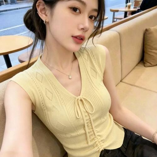辣妹纯欲风深V领镂空冰丝针织衫女夏季设计感抽绳褶皱短款上衣潮