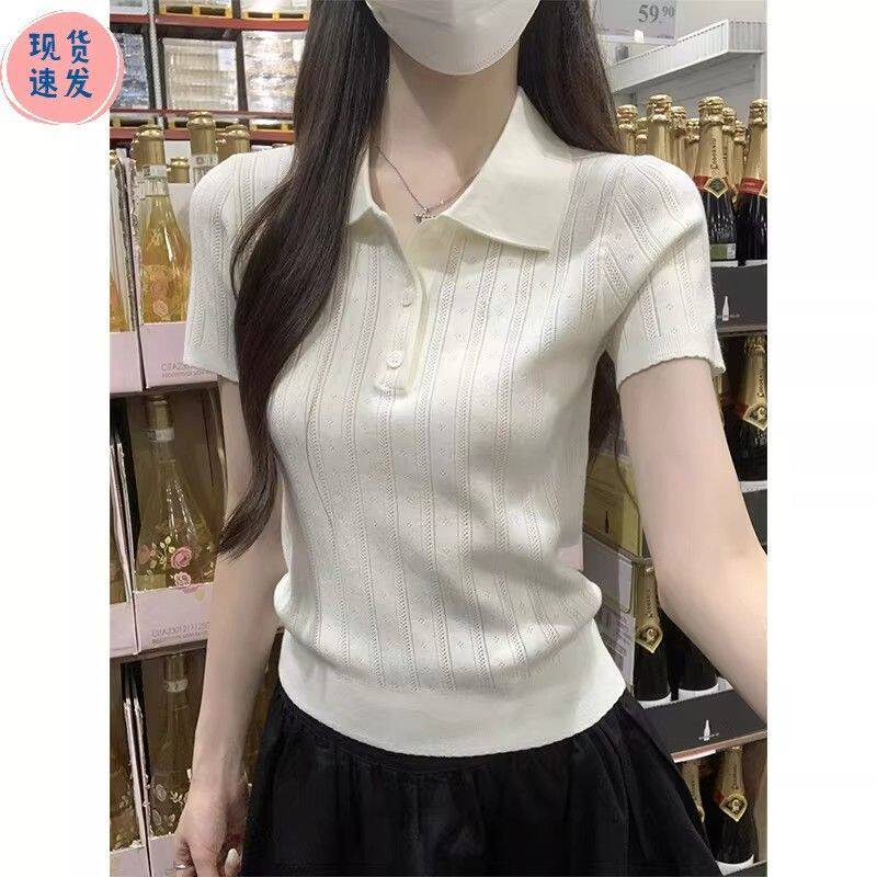 冰丝POLO领短袖针织衫女夏薄款修身镂空翻领上衣凉感简约风女装潮图片